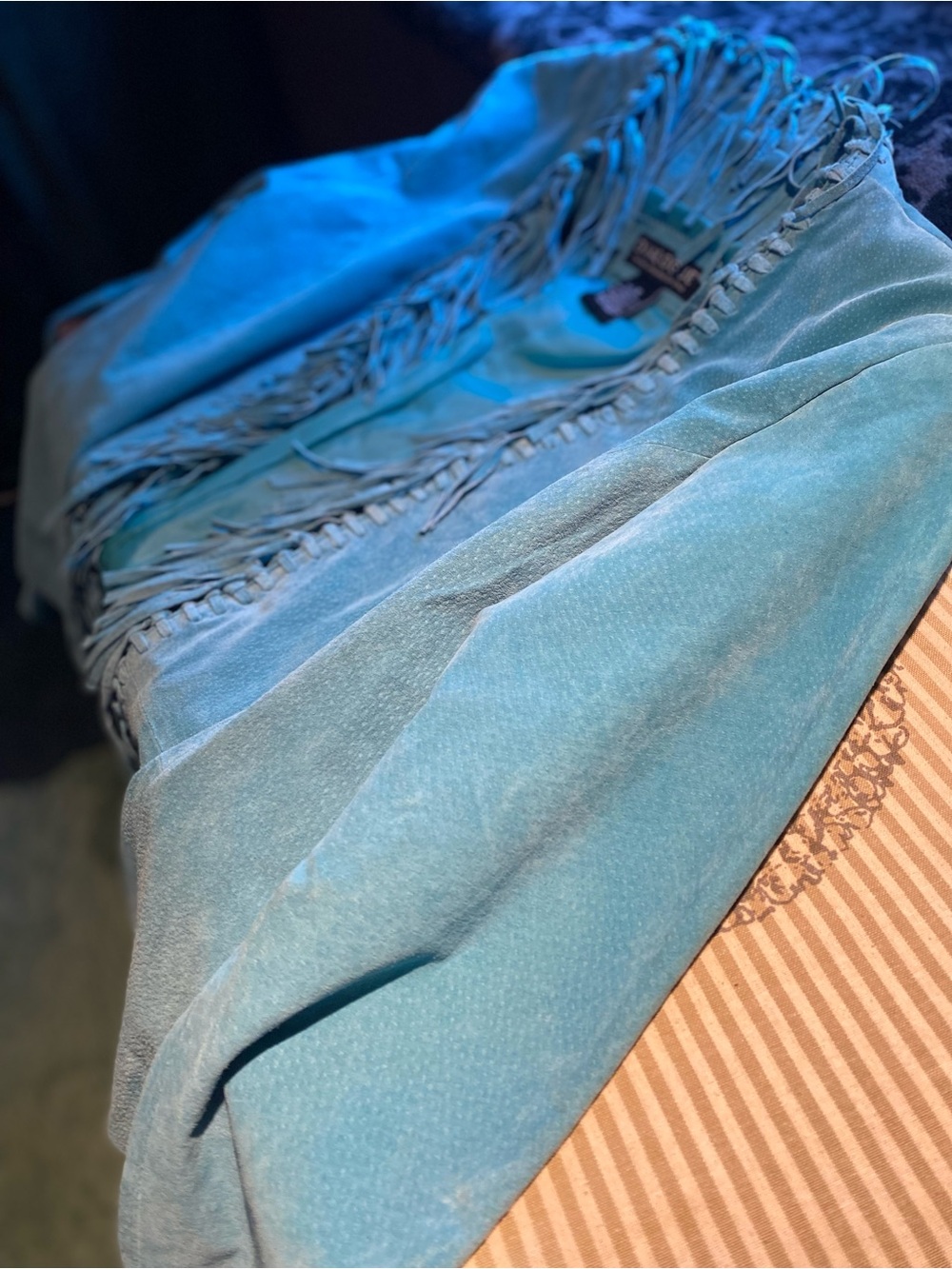 Dialogue Boho or Southwestern Turquoise Color Suede Fringe Open Front Jacket - Picture 6 of 6